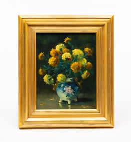 MARTIN RETTIG (OHIO, 1869-1956) "MARIGOLDS" OIL ON CANVAS BOARD.