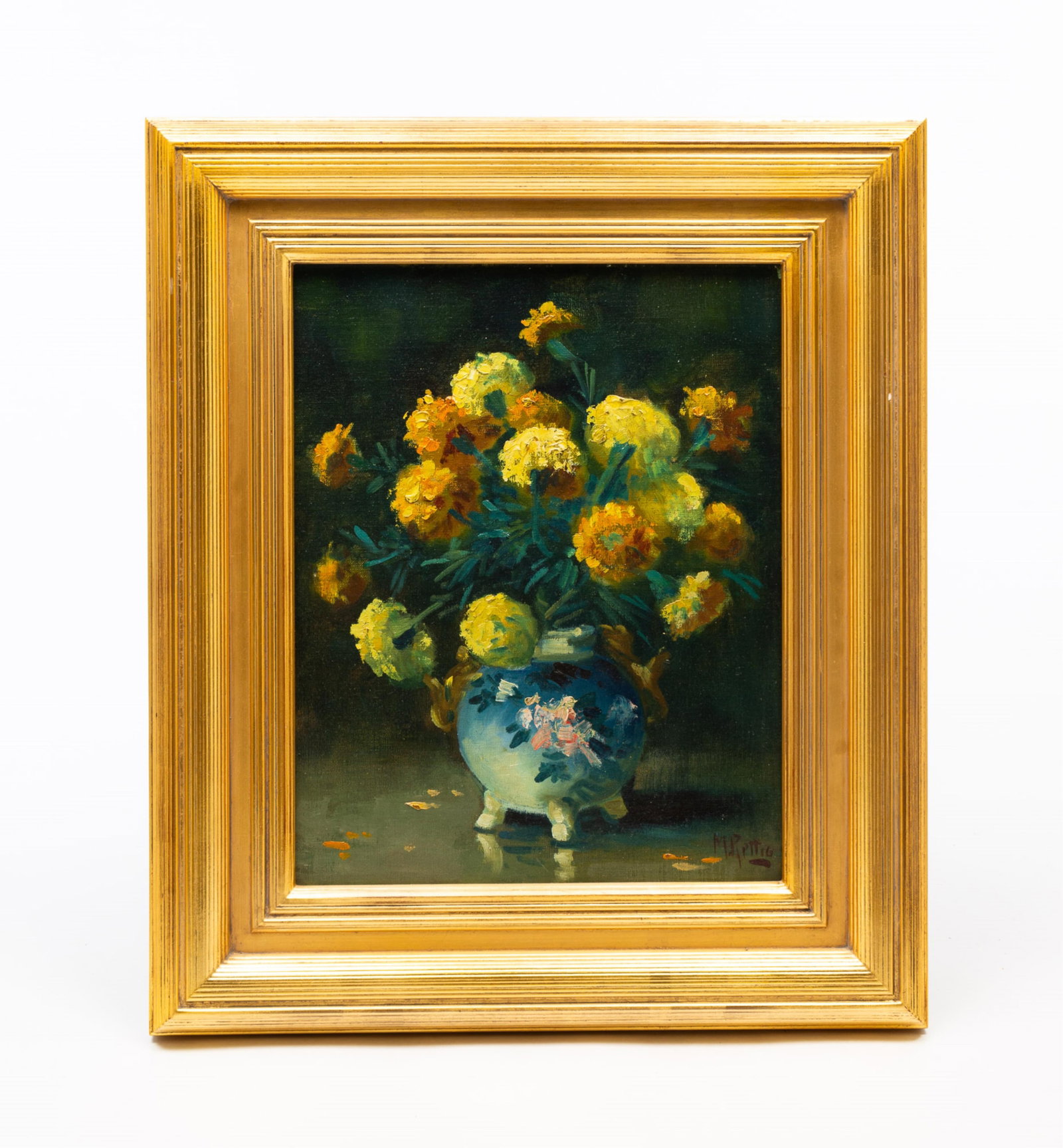 MARTIN RETTIG (OHIO, 1869-1956) "MARIGOLDS" OIL ON CANVAS BOARD.: Martin Rettig (Ohio, 1869-1956). Oil on canvasboard. Depicting a still life of a porcelain vase with marigolds. Signed to lower right. In a Hackman Frame. Board, 15"h. 12"w. Framed, 21.5"h. 18.25"w.Pr