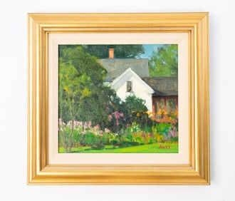 MICHAEL KARAS (AMERICAN, B. 1954) "MY NEIGHBOR'S GARDEN" OIL ON BOARD.