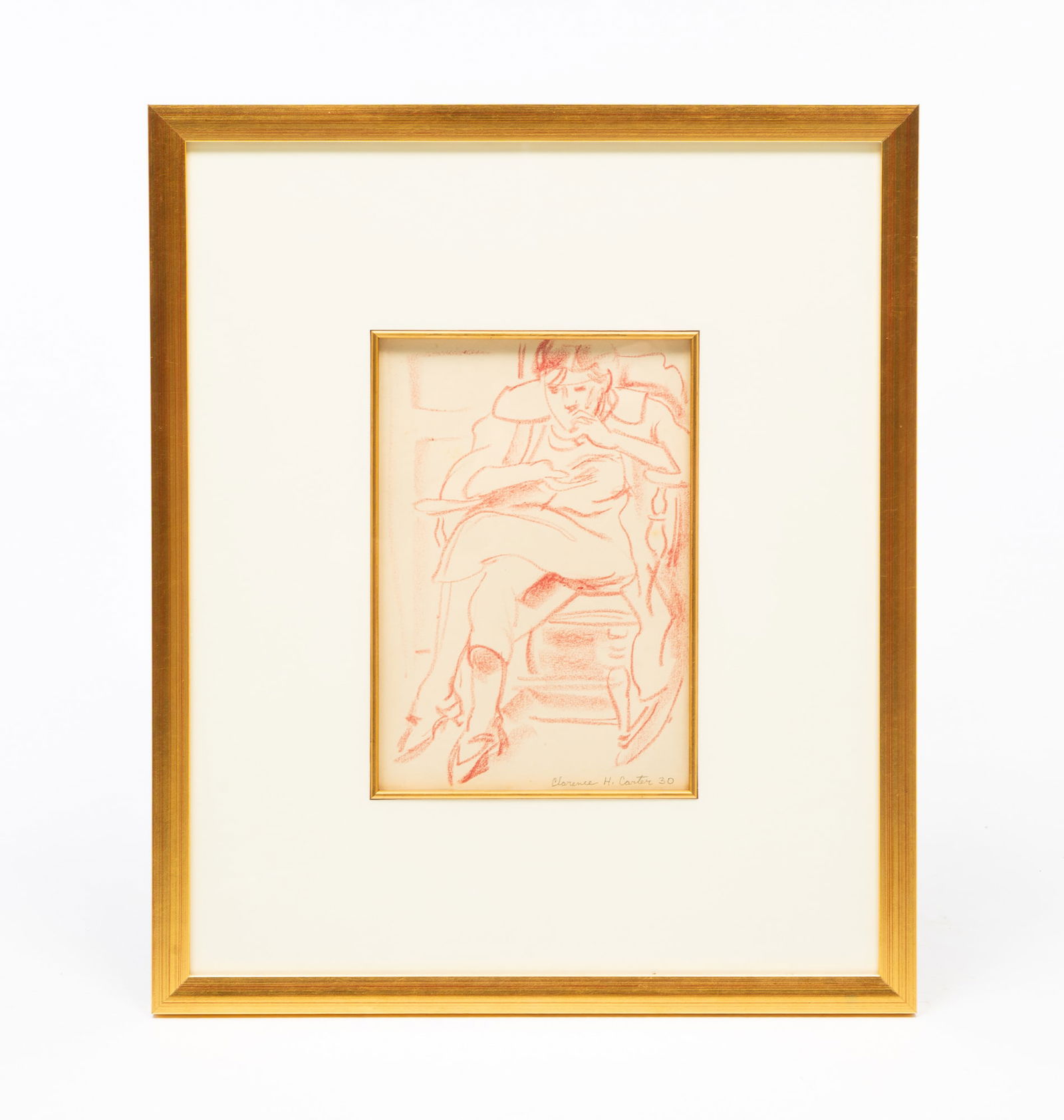 CLARENCE HOLBROOK CARTER (AMERICAN, 1904-2000) BURNT RED CRAYON DRAWING OF SEATED FEMALE FIGURE. (1 of 4)
