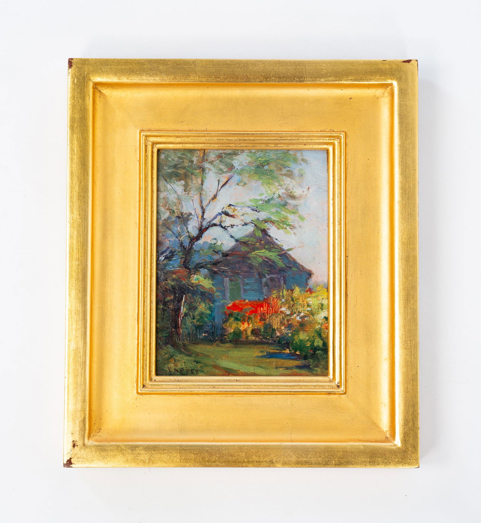 KARL KAPPES (OHIO, 1861- 1943) OIL ON BOARD OF LANDSCAPE.: Karl Kappes (Ohio, 1861-1943). Oil on board. An impressionistic landscape with trees, shrubs, and a house. Signed to lower left. Sight, 8"h. 6"w. Framed, 13.5"h. 11.75"w.Provenance: From the Lifetime