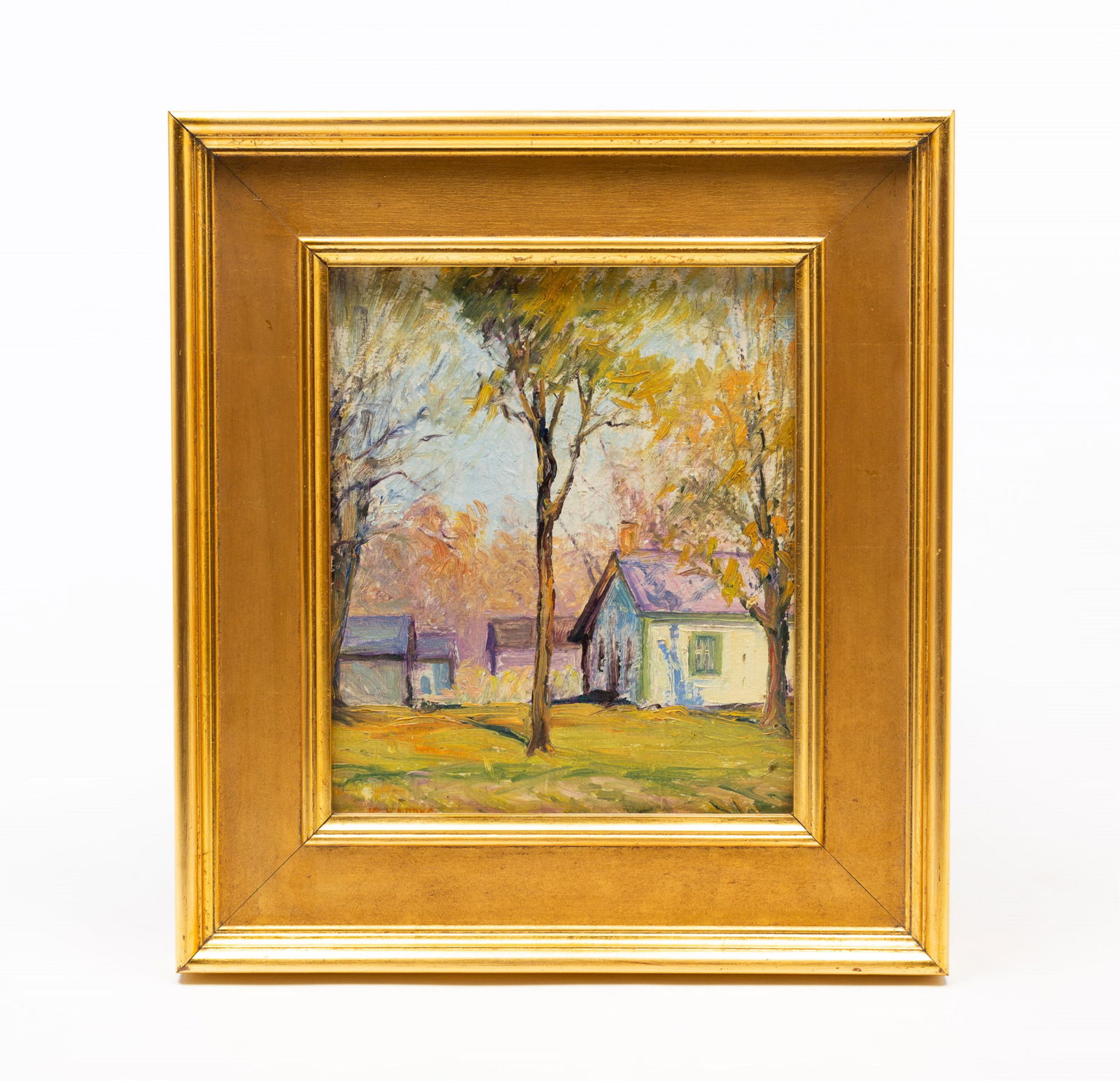 KARL KAPPES (OHIO, 1861-1943) OIL ON BOARD OF LANDSCAPE WITH HOUSES.: Karl Kappes (Ohio, 1861-1943). Oil on board. An impressionistic landscape with a grassy foreground continuing to trees and houses. Signed to lower left. Sight, 12.5"h. 10.75"w. Framed, 18.75"h. 16.75"