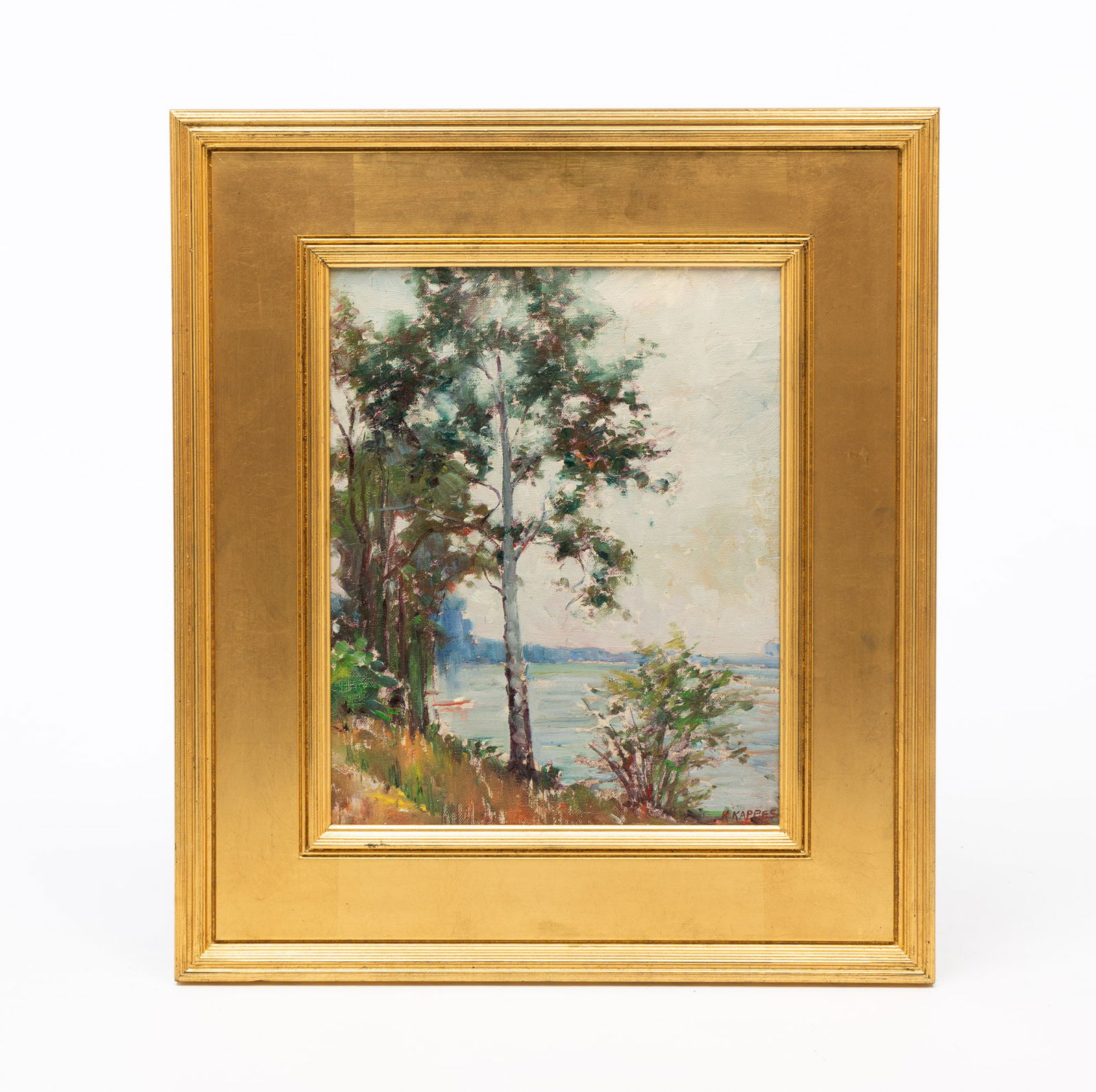 KARL KAPPES (OHIO, 1861-1943) "SPRING LANDSCAPE" OIL ON BOARD.: Karl Kappes (Ohio, 1861-1943). Oil on board. An impressionistic landscape of a tree-filled shoreline. Signed to lower left. Board, 15"h. 12"w. Framed, 22.25"h. 19.5"w.Provenance: From the Lifetime Col