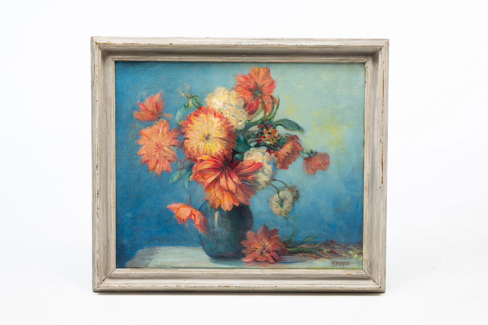 KARL KAPPES (OHIO, 1861-1943) "ORANGE DAHLIAS" OIL ON CANVAS.: Karl Kappes (Ohio, 1861-1943). Oil on canvas. An impressionistic still life of a vase with orange dahlias. Signed to lower right. Sight, 18.25"h. 22"w. Framed, 22"h. 25.5"w.Provenance: From the Lifeti