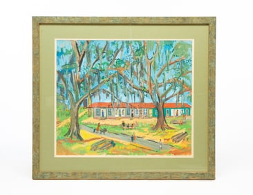 HARRIET RHOADES KIRKPATRICK (OHIO, 1877-1962) GOUACHE ON PAPER OF A HOUSE WITH CHILDREN PLAYING.