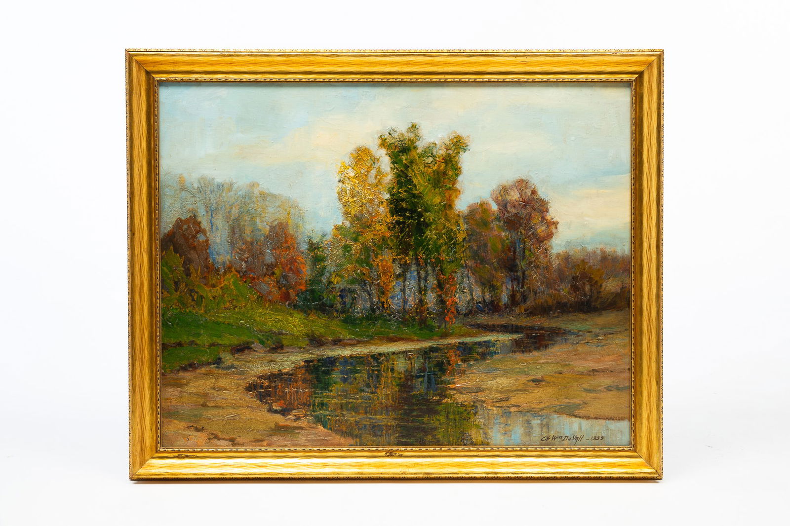 CHARLES WILLIAM DUVALL (COLUMBUS, OHIO, 1864-1965) OIL ON BOARD OF A LANDSCAPE WITH STREAM.: Charles William Duvall (Columbus, Ohio, 1864-1965), dated 1933. Oil on board. An impressionistic depiction of a winding stream highlighted by trees. Signed and dated to lower right. Board, 22.25"h. 28