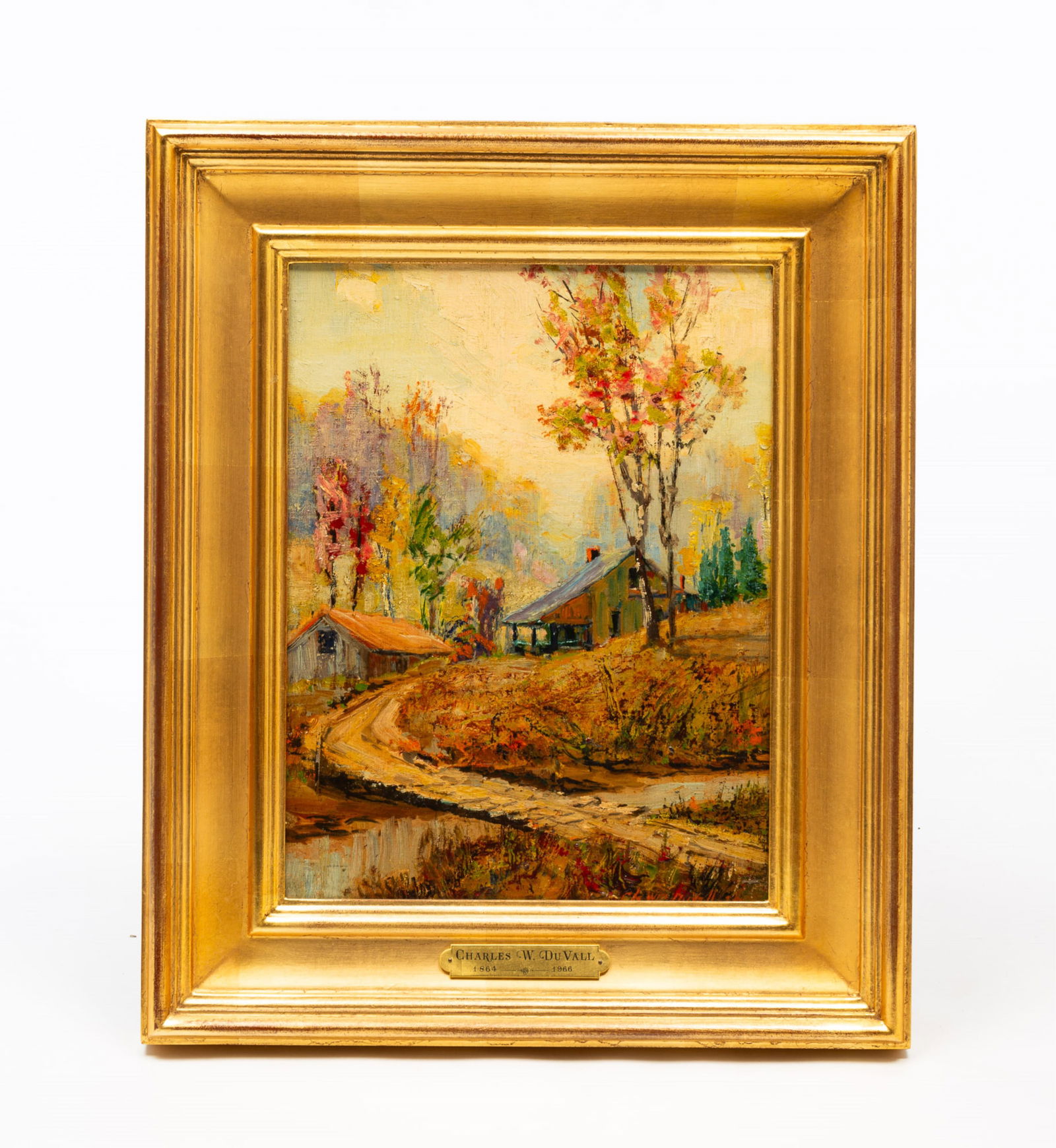 CHARLES WILLIAM DUVALL (COLUMBUS, OHIO, 1864-1965) "HOCKING HILLS" OIL ON BOARD.: Charles William Duvall (Columbus, Ohio, 1864-1965). Oil on board. An impressionstic landscape with a central path flanked by buildings and trees. Signed to lower right. In a Hackman frame. Sight, 14.7