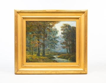 MAURICE STEWART HAGUE (OHIO, 1862-1943) OIL ON CANVAS OF WOODED LANDSCAPE.