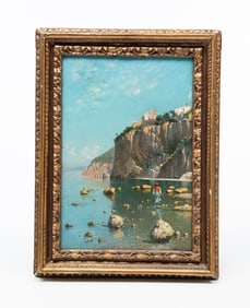 EDUARDO MONTEFORTE (ITALIAN, 1849-1933) OIL ON CANVAS OF A COASTAL SCENE WITH CLIFFS.