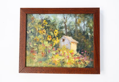 CHRIS NEWLUND (AMERICAN, CONTEMPORARY) "THE GARDEN SHED" OIL ON BOARD.