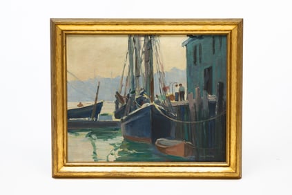 GEORGE DINCKEL (OHIO AND MASSACHUSETTS, 1890-1976) OIL ON CANVAS OF HARBOR SCENE.