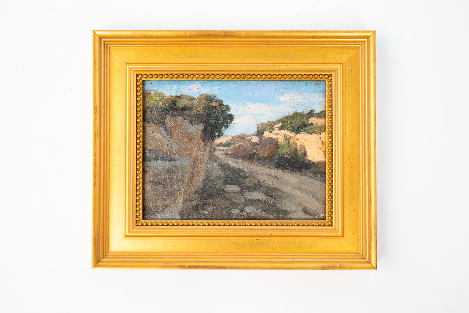 EDWARD PARKER HAYDEN (OHIO/NEW YORK/MASSACHUSETTS, 1858-1922) "DELAWARE WATER STRIP" OIL ON BOARD.: Edward Parker Hayden (Ohio/New York/Massachusetts, 1858-1922). Oil on board. Depicting a rocky landscape with a central path and punctuated by scattered vegetation. Signed to lower right. Sight, 7.5"h