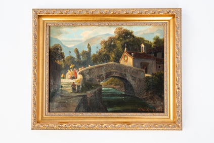 PAUL HENKING (ITALIAN-SWISS) OIL ON CANVAS OF A LANDSCAPE WITH ARCHITECTURAL ELEMENTS.