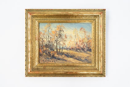 WALTER E. ASHBAUGH (OHIO, 1887-1969) OIL ON BOARD OF AUTUMN FOREST LANDSCAPE.