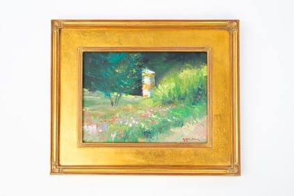 RICHARD CLEM (OHIO, CONTEMPORARY) OIL ON CANVAS BOARD OF FLORAL LANDSCAPE.
