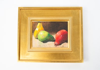 RICHARD CLEM (OHIO, CONTEMPORARY) "YELLOW, GREEN, RED" OIL ON BOARD.