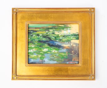 RICHARD CLEM (OHIO, CONTEMPORARY) "WATER LILIES AT TOPIARY GARDEN" OIL ON CANVAS BOARD.