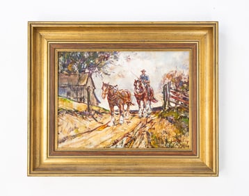 LESLIE COPE (BRITISH/AMERICAN, 1913-2002) OIL ON BOARD OF LANDSCAPE WITH HORSES.