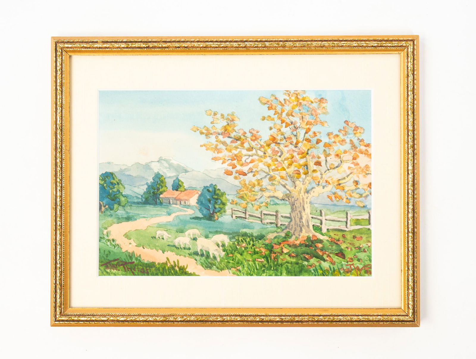 JOHN WILLIAM THEISS (OHIO/CALIFORNIA, 1863-1932) WATERCOLOR OF LANDSCAPE WITH SHEEP. (1 of 4)