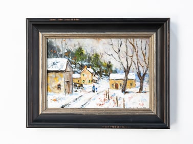 CHRISTOPHER G. WILLETT (AMERICAN, B. 1959) "FLEECYDALE ROAD" MINIATURE OIL ON BOARD.