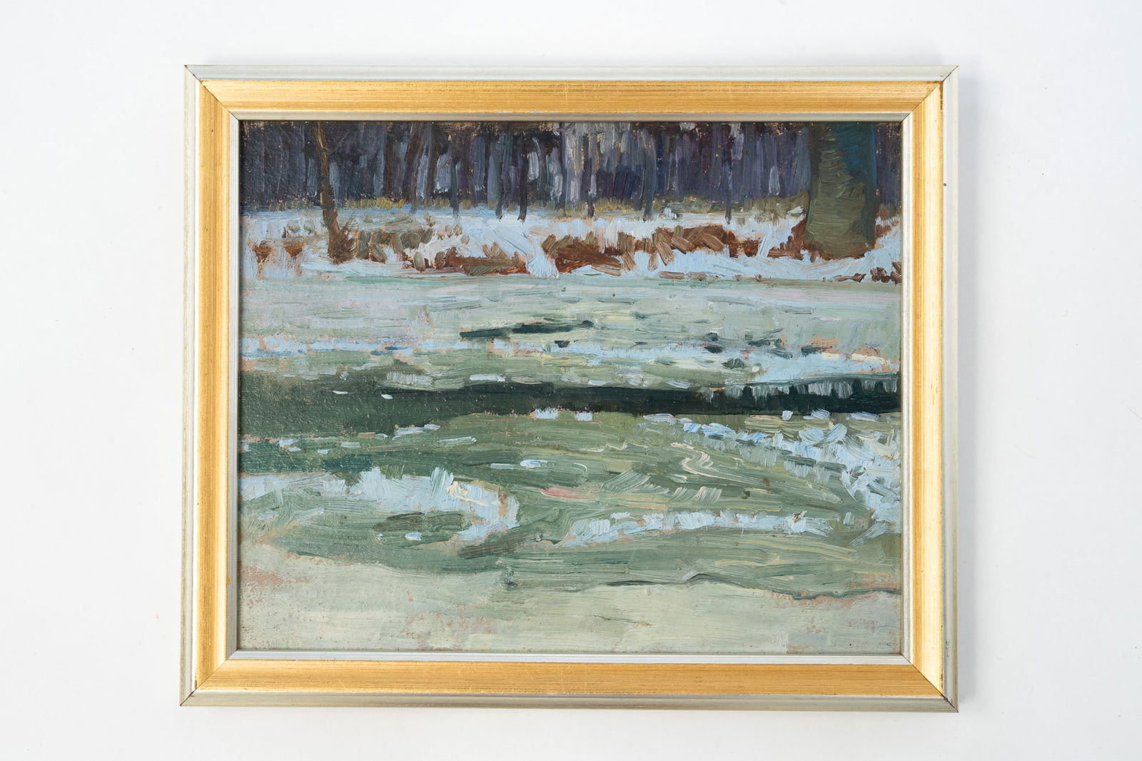 ROBERT HOUSTON WHITMORE (OHIO, 1890-1979) "WINTER CREEK" OIL ON CANVAS BOARD.: Robert Hudson Whitmore (Ohio, 1890-1979). Oil on canvas board. Depicting a snowy landscape with creek and trees. Signed to lower right. Sight, 7.75"h. 9.75"w. Framed, 9.5"h. 11.25"w.Provenance: From t