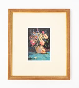 DEBORAH COTRONE (AMERICAN, B. 1955) OIL ON BOARD OF PINK VASE WITH FLOWERS.