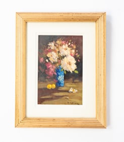 DEBORAH COTRONE (AMERICAN, B. 1955) "PEONIES" MINIATURE OIL ON BOARD.