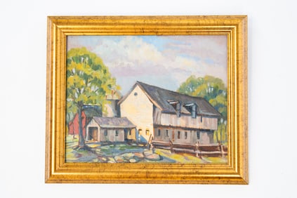 BOB CROWLEY (AMERICAN, CONTEMPORARY) "WHITE BARN" OIL ON CANVAS BOARD.
