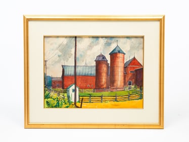RALPH FANNING (AMERICAN, 1889-1971) WATERCOLOR ON PAPER OF RED BARN.