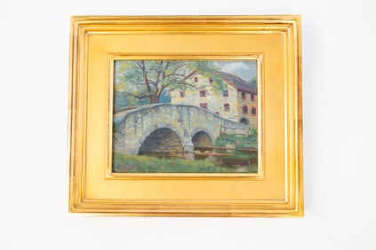 JACOB S. ROYER (DAYTON, OHIO, 1883-1959) "WELTY'S MILL AND BRIDGE (WAYNESBORO, PA)" OIL ON BOARD.