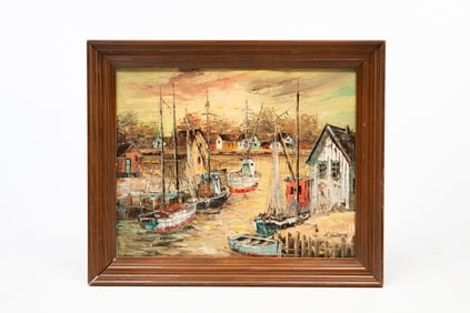 L. ALEXIS (CONTEMPORARY) OIL ON CANVAS OF BOATS IN BAY.