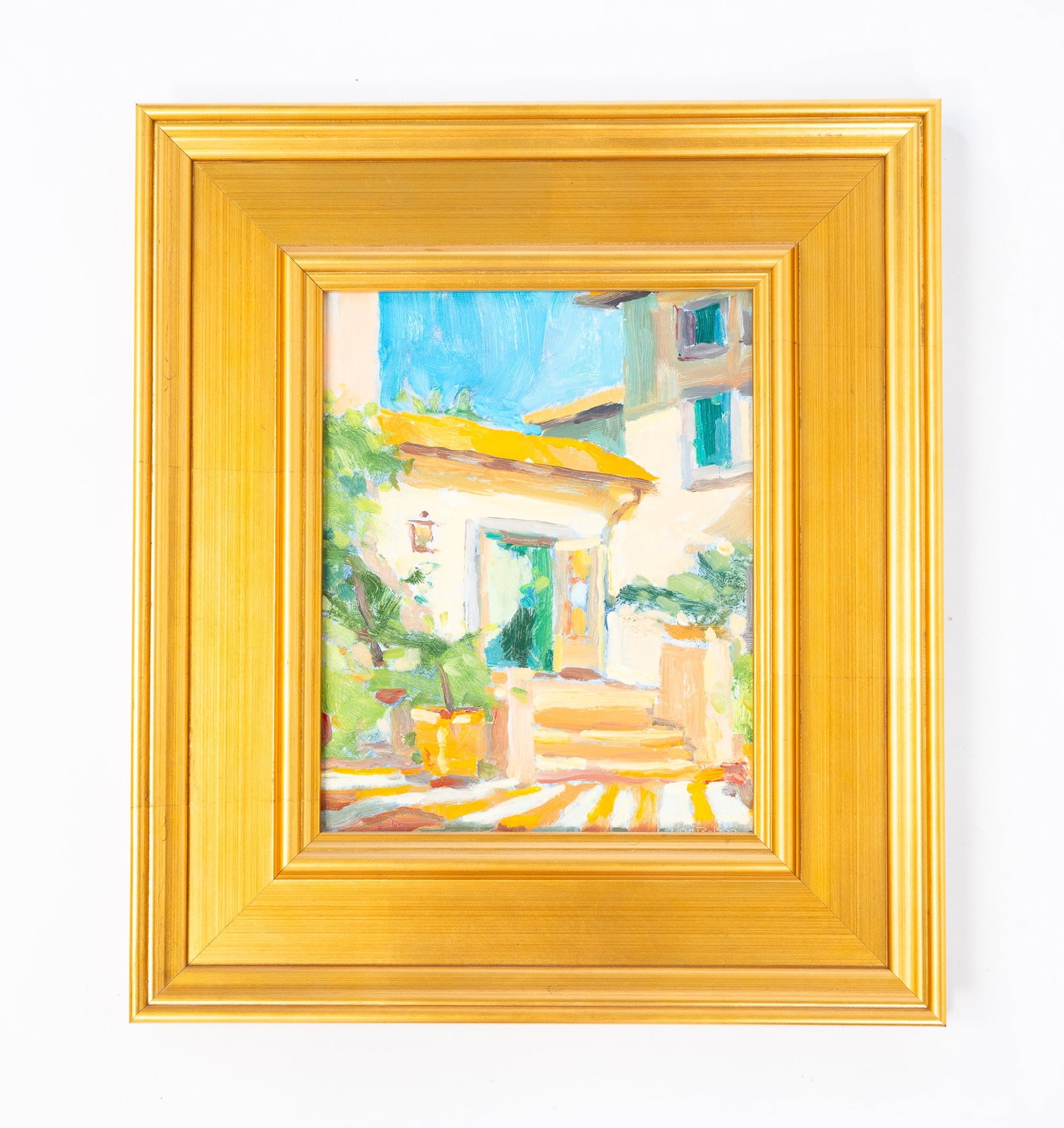 JOSEPH LOMBARDO (COLUMBUS, OHIO, CONTEMPORARY) "VILLA" OIL ON BOARD.: Joseph Lombardo (Columbus, Ohio, contemporary). Oil on board. An impressionistic portrait of a villa set against a blue sky. Signed to lower right. Sight, 9.5"h. 7.5"w. Framed, 16"h. 14"w.Provenance: