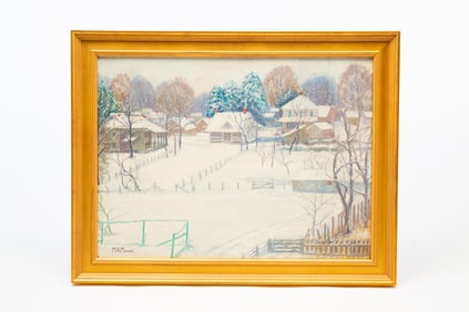 M. A. MUNRO OIL ON BOARD OF A SNOWY SCENE.