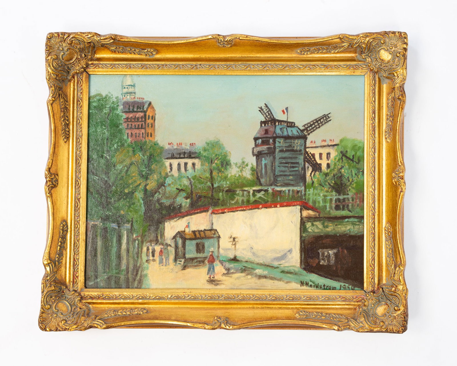 N. NORDSTROM "MOULIN ROUGE, PARIS" OIL ON CANVAS.: N. Nordstrom, 1950. Oil on canvas. A naive depiction of Paris including the Moulin Rouge. Signed and dated to lower right. Sight, 11"h. 14"w. Framed, 14.25"h. 17.5"w.Provenance: From the Lifetime Coll