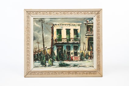NOLAN PENNELL (OHIO, 1894-1972) "DECEMBER, MT. VERNON AVENUE, COLUMBUS, OHIO, 1957" OIL ON BOARD.