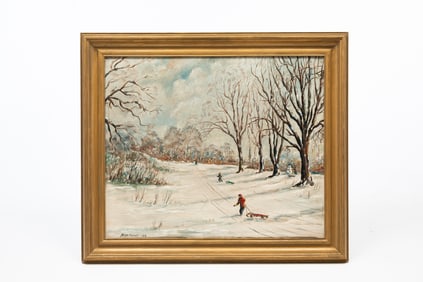 NOLAN PENNELL (OHIO, 1894-1972) "SLED RIDING, SCHILLER PARK, COLUMBUS, OHIO, 1948" OIL ON CANVAS