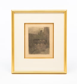 ATTRIBUTED TO JANE PETERSON (AMERICAN, 1876-1965) MIXED MEDIA OF LANDSCAPE WITH BUILDING.