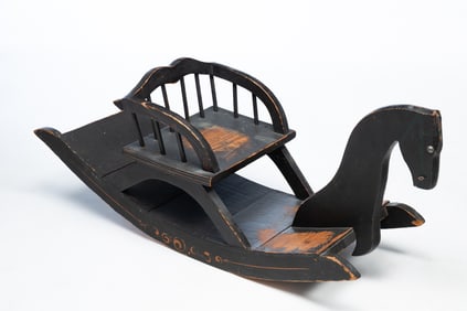 WONDERFUL AMERICAN PAINTED PINE CHILD'S ROCKING HORSE WITH WINDSOR SEAT.