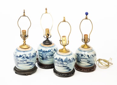 FOUR CHINESE BLUE AND WHITE CANTON PORCELAIN GINGER JAR LAMPS.