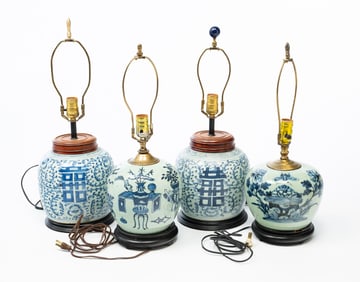 FOUR CHINESE BLUE AND WHITE PORCELAIN GINGER JAR LAMPS.