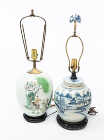 TWO CHINESE CANTON PORCELAIN GINGER JAR LAMPS.