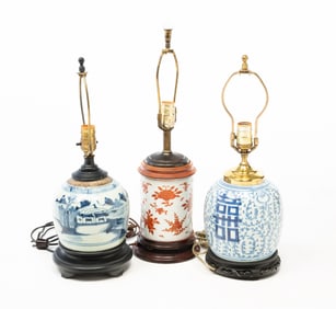 THREE CHINESE PORCELAIN LAMPS.