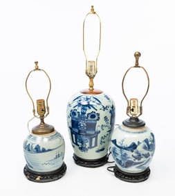 THREE CHINESE BLUE AND WHITE CANTON PORCELAIN GINGER JAR LAMPS.