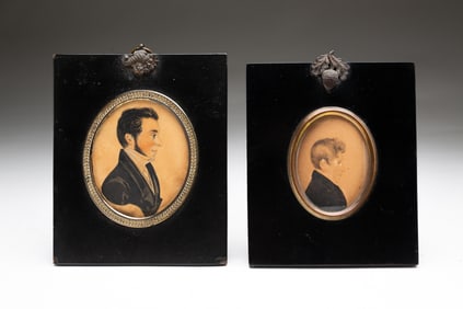 TWO BRITISH SCHOOL MINIATURE WATERCOLOR AND GOUACHE PORTRAITS OF YOUNG MEN.
