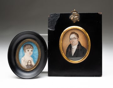 TWO AMERICAN SCHOOL MINIATURE GOUACHE PORTRAITS OF A CHILD AND A GENTLEMAN.