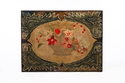 AMERICAN HOOKED RUG WITH BASKET OF FLOWERS.