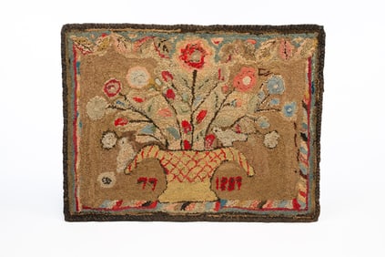 AMERICAN HOOKED RUG OF FLORAL URN WITH BIRDS.