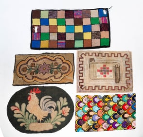 FIVE AMERICAN HOOKED RUGS.