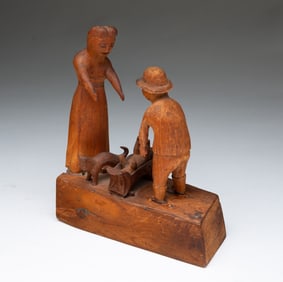 AMERICAN FOLK ART WHIMSICAL CARVING OF A FAMILY.