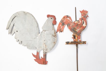TWO AMERICAN FOLKSY PAINTED SHEET METAL ROOSTER WEATHERVANES.